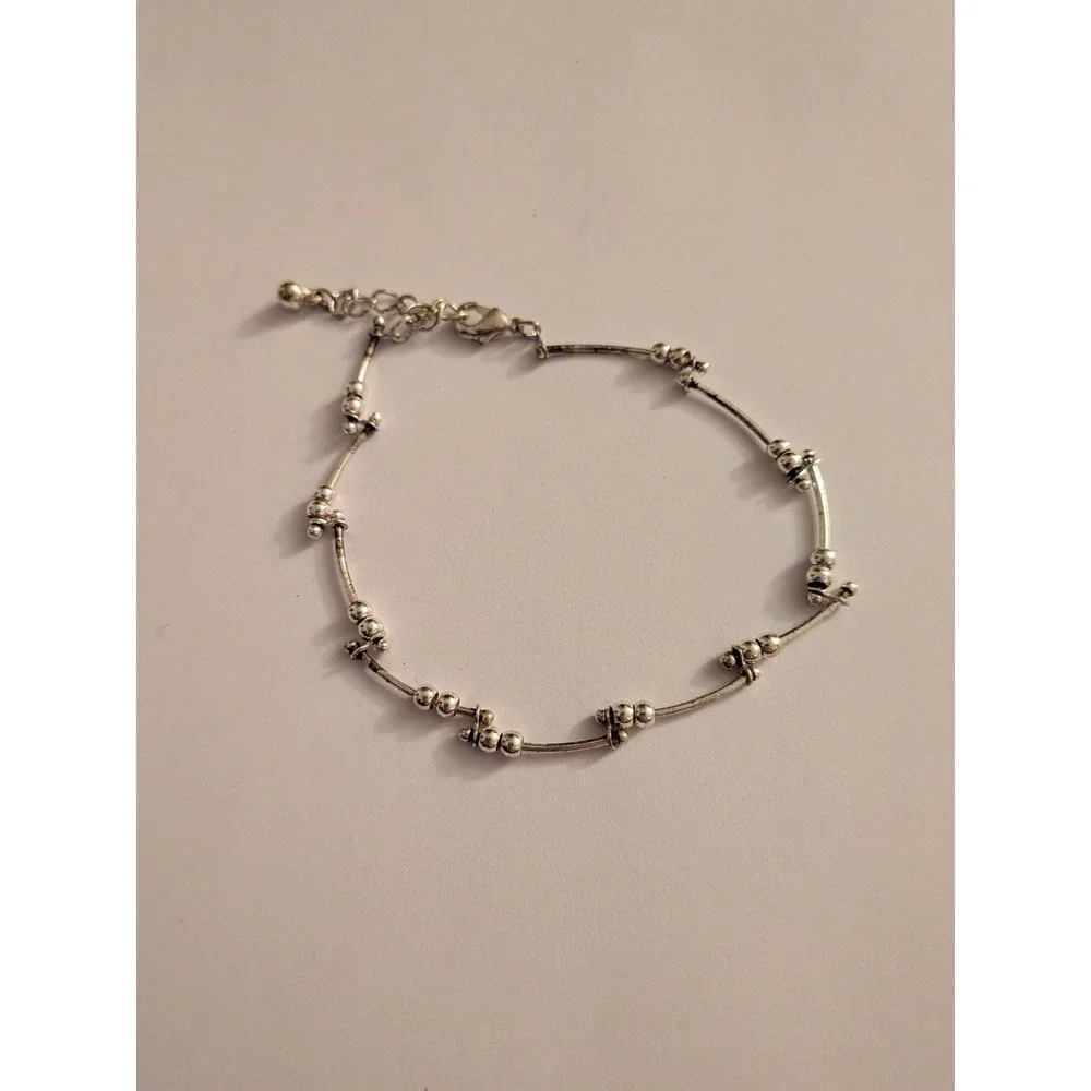 Silver Tone Beaded Link Bracelet Adjustable Boho Minimalist Jewelry